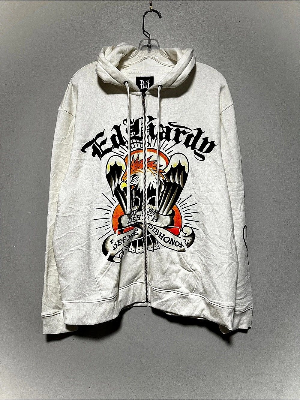 Ed Hardy Death Before Dishonor Fleece Zip Front Hoodie White XL